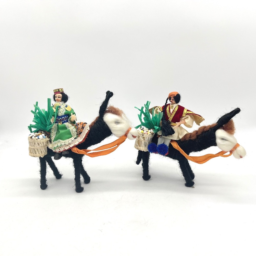 Vintage Greek Folk Art Dolls Man Woman Riding Donkeys Handmade Textile‎ Figures